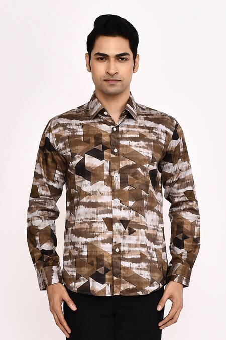 Buy Aryavir Malhotra Brown Cotton Printed Casual Shirt Buy_Aryavir Malhotra_Brown Cotton Printed Casual Shirt