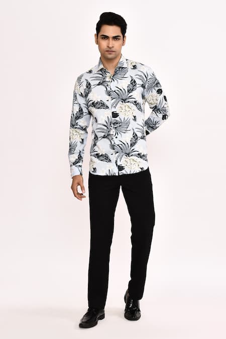 Aryavir Malhotra_Gray Cotton Light Grey Printed Casual Shirt _at_Aza_Fashions