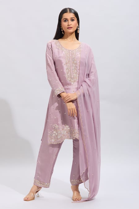 Shop_Samyukta Singhania_Purple Silk Embroidery Round Neck Kurta Set _Online_at_Aza_Fashions