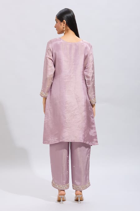 Shop_Samyukta Singhania_Purple Silk Embroidery Round Neck Kurta Set _at_Aza_Fashions