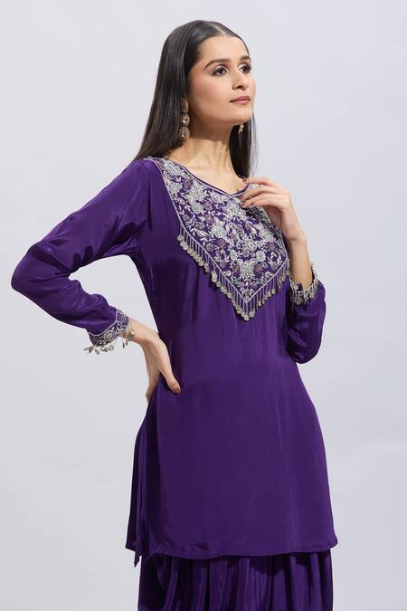 Samyukta Singhania Purple Silk Embroidery V-neck Kurta And Dhoti Set Online at Aza Fashions Samyukta Singhania_Purple Silk Embroidery V-neck Kurta And Dhoti Set _Online_at_Aza_Fashions