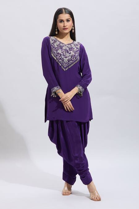 Buy Samyukta Singhania Purple Silk Embroidery V-neck Kurta And Dhoti Set Online at Aza Fashions Buy_Samyukta Singhania_Purple Silk Embroidery V-neck Kurta And Dhoti Set _Online_at_Aza_Fashions