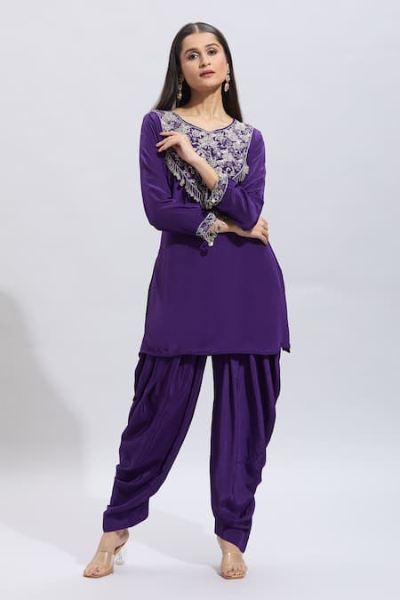 Shop Samyukta Singhania Purple Silk Embroidery V-neck Kurta And Dhoti Set Online at Aza Fashions Shop_Samyukta Singhania_Purple Silk Embroidery V-neck Kurta And Dhoti Set _Online_at_Aza_Fashions