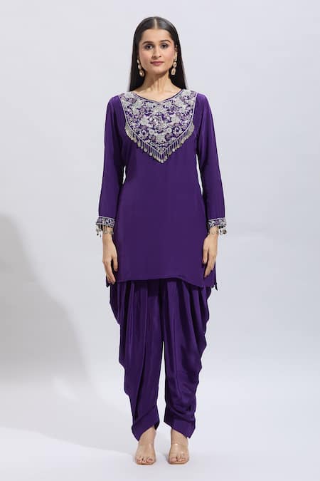 Buy Samyukta Singhania Purple Silk Embroidery V-neck Kurta And Dhoti Set Buy_Samyukta Singhania_Purple Silk Embroidery V-neck Kurta And Dhoti Set