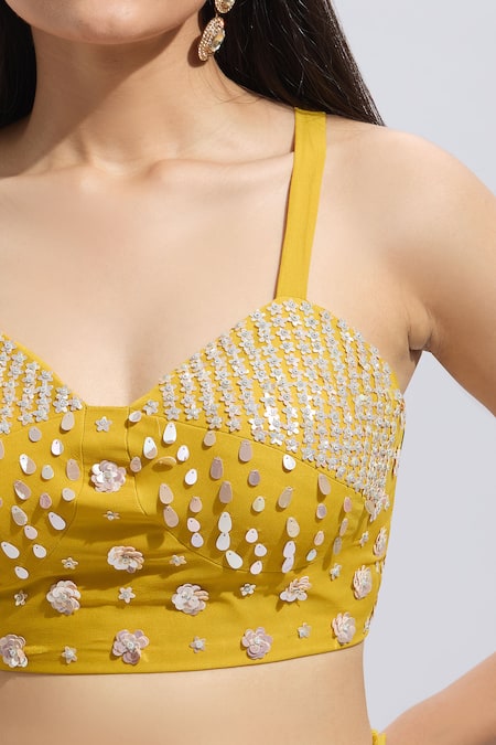 Samyukta Singhania_Yellow Silk Sequins, Beads Sweetheart Neck Embroidered Bustier And Sharara Set _Online_at_Aza_Fashions