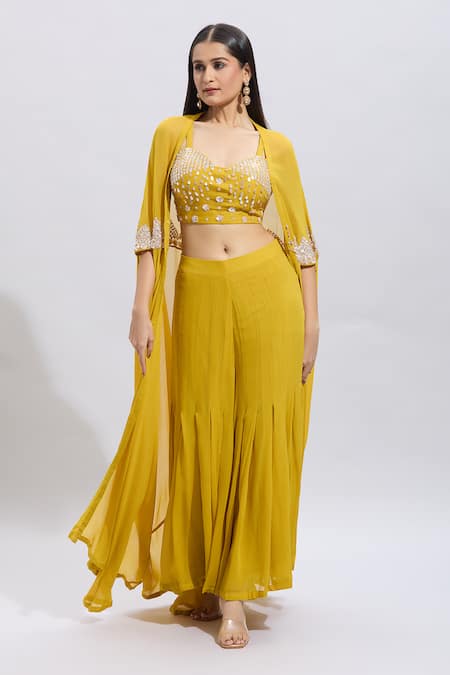 Samyukta Singhania_Yellow Silk Sequins, Beads Sweetheart Neck Embroidered Bustier And Sharara Set _at_Aza_Fashions