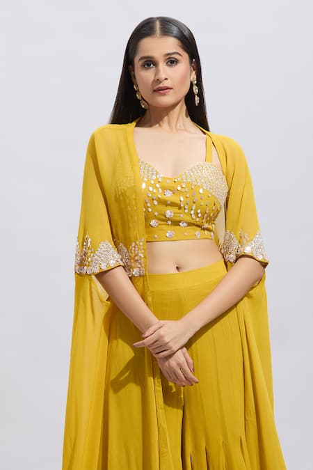 Buy_Samyukta Singhania_Yellow Silk Sequins, Beads Sweetheart Neck Embroidered Bustier And Sharara Set 