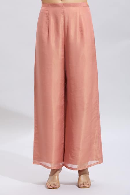 Buy_Samyukta Singhania_Peach Silk Embroidery Round Neck Kurta Set With Palazzo _Online_at_Aza_Fashions