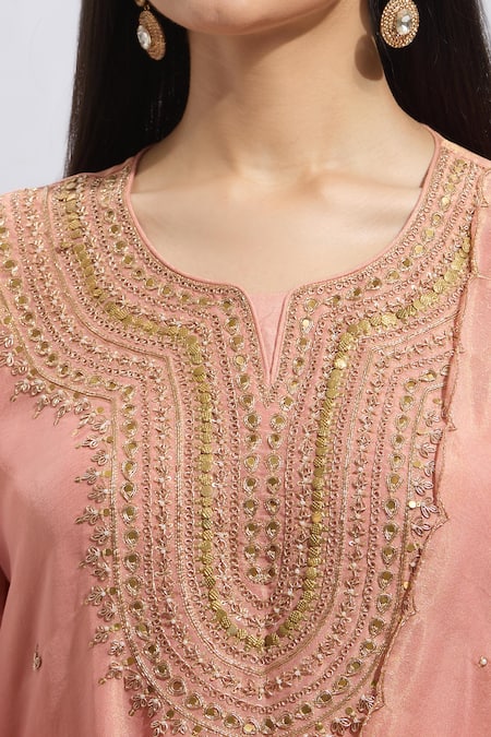 Shop_Samyukta Singhania_Peach Silk Embroidery Round Neck Kurta Set With Palazzo _Online_at_Aza_Fashions