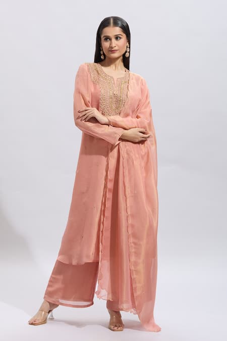 Buy_Samyukta Singhania_Peach Silk Embroidery Round Neck Kurta Set With Palazzo 