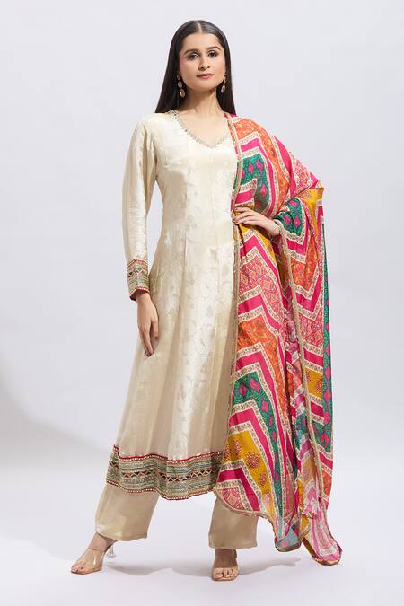 Shop Samyukta Singhania Multi Color Silk Embroidery Round Neck Anarkali Set With Dupatta Online at Aza Fashions Shop_Samyukta Singhania_Multi Color Silk Embroidery Round Neck Anarkali Set With Dupatta_Online_at_Aza_Fashions
