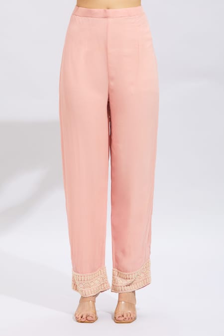 Samyukta Singhania_Peach Silk Embroidery Round Neck Hand Kurta Set _Online_at_Aza_Fashions