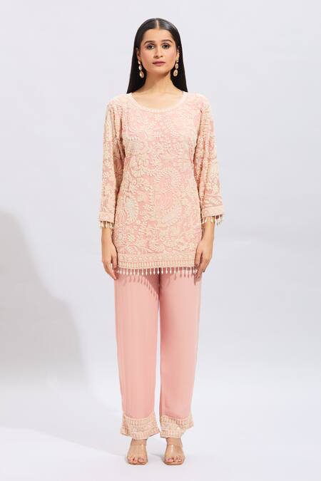 Shop_Samyukta Singhania_Peach Silk Embroidery Round Neck Hand Kurta Set _Online_at_Aza_Fashions