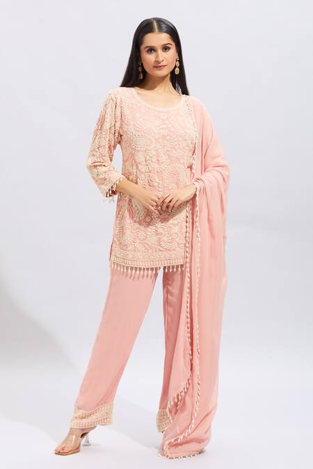 Samyukta Singhania_Peach Silk Embroidery Round Neck Hand Kurta Set _at_Aza_Fashions