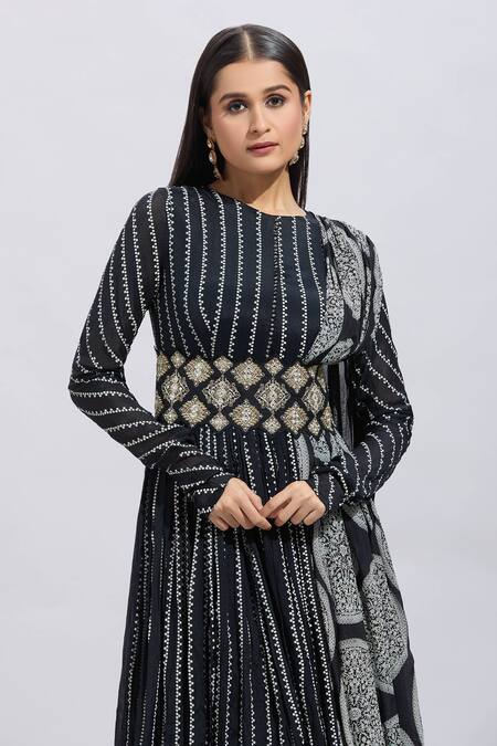 Samyukta Singhania Black Cotton Embroidery Round Neck Striped Anarkali Set With Dupatta Online at Aza Fashions Samyukta Singhania_Black Cotton Embroidery Round Neck Striped Anarkali Set With Dupatta_Online_at_Aza_Fashions