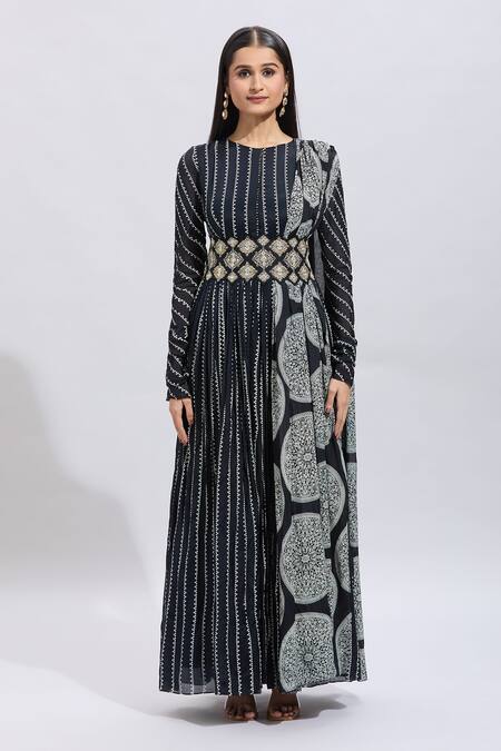 Buy Samyukta Singhania Black Cotton Embroidery Round Neck Striped Anarkali Set With Dupatta Online at Aza Fashions Buy_Samyukta Singhania_Black Cotton Embroidery Round Neck Striped Anarkali Set With Dupatta_Online_at_Aza_Fashions