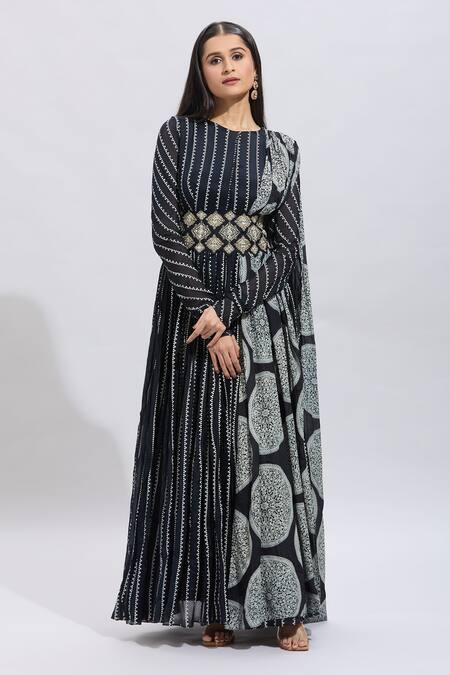 Shop Samyukta Singhania Black Cotton Embroidery Round Neck Striped Anarkali Set With Dupatta Online at Aza Fashions Shop_Samyukta Singhania_Black Cotton Embroidery Round Neck Striped Anarkali Set With Dupatta_Online_at_Aza_Fashions