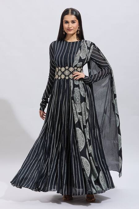 Samyukta Singhania Black Cotton Embroidery Round Neck Striped Anarkali Set With Dupatta at Aza Fashions Samyukta Singhania_Black Cotton Embroidery Round Neck Striped Anarkali Set With Dupatta_at_Aza_Fashions