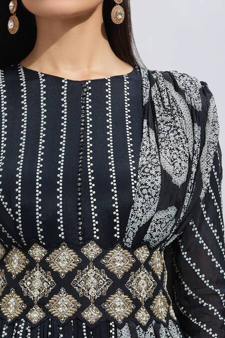 Buy Samyukta Singhania Black Cotton Embroidery Round Neck Striped Anarkali Set With Dupatta Buy_Samyukta Singhania_Black Cotton Embroidery Round Neck Striped Anarkali Set With Dupatta