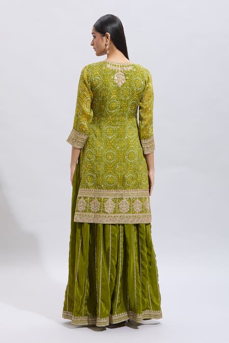 Shop_Samyukta Singhania_Green Satin Embroidery Split V-neck Hand Kurta Set _at_Aza_Fashions