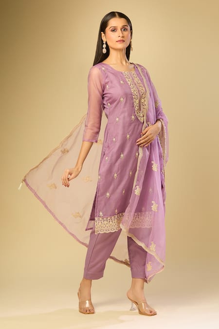 Shop_Naintara Bajaj_Purple Organza Sequins, Embroidery Round Neck Kurta Set _Online_at_Aza_Fashions