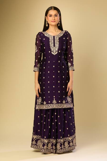 Samyukta Singhania_Purple Silk Sequins, Embroidery Round Neck Kurta Set _Online_at_Aza_Fashions