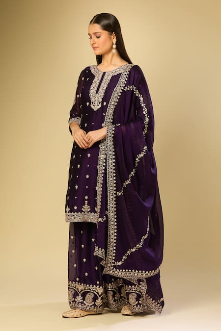 Buy_Samyukta Singhania_Purple Silk Sequins, Embroidery Round Neck Kurta Set _Online_at_Aza_Fashions