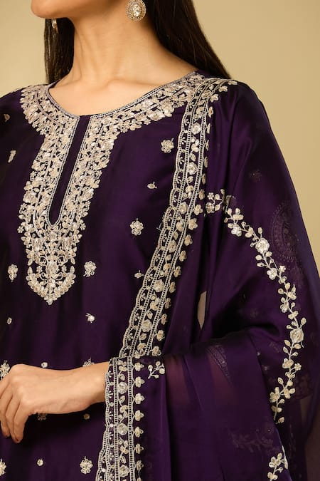 Shop_Samyukta Singhania_Purple Silk Sequins, Embroidery Round Neck Kurta Set _Online_at_Aza_Fashions