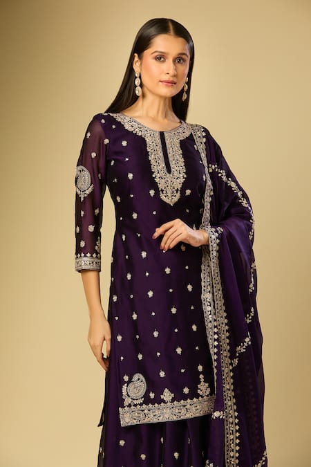 Samyukta Singhania_Purple Silk Sequins, Embroidery Round Neck Kurta Set _at_Aza_Fashions
