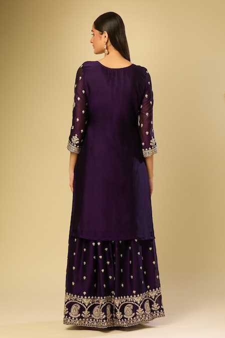 Shop_Samyukta Singhania_Purple Silk Sequins, Embroidery Round Neck Kurta Set _at_Aza_Fashions