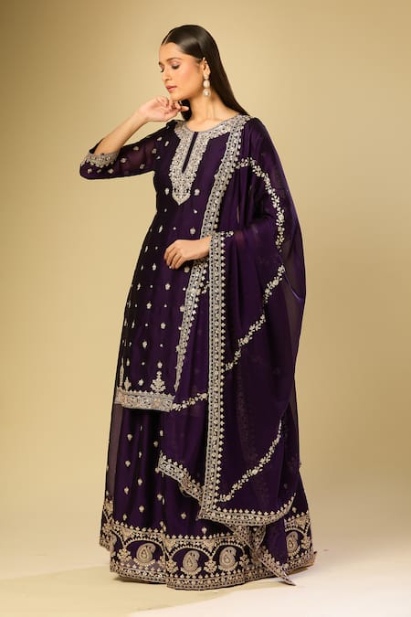 Shop_Samyukta Singhania_Purple Silk Sequins, Embroidery Round Neck Kurta Set 