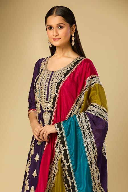 Shop_Samyukta Singhania_Purple Embroidery Round Neck Chinon Kurta Set _Online_at_Aza_Fashions