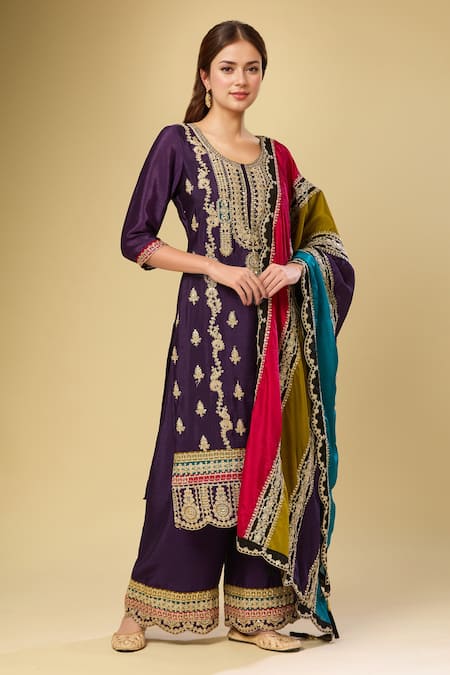 Samyukta Singhania Purple Chinon Embroidered Kurta Set 