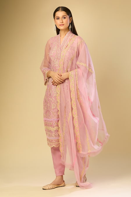 Shop_Samyukta Singhania_Pink Organza Embroidery V-neck Kurta Set_Online_at_Aza_Fashions