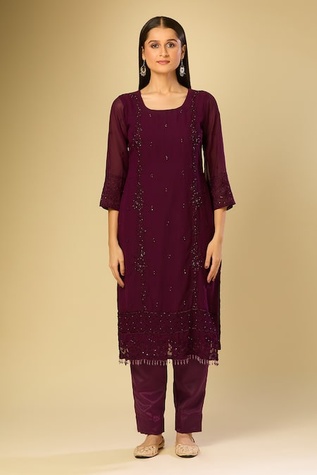 Buy Samyukta Singhania Purple Georgette Beads, Embroidery Square Neck Kurta Set With Dupatta Buy_Samyukta Singhania_Purple Georgette Beads, Embroidery Square Neck Kurta Set With Dupatta