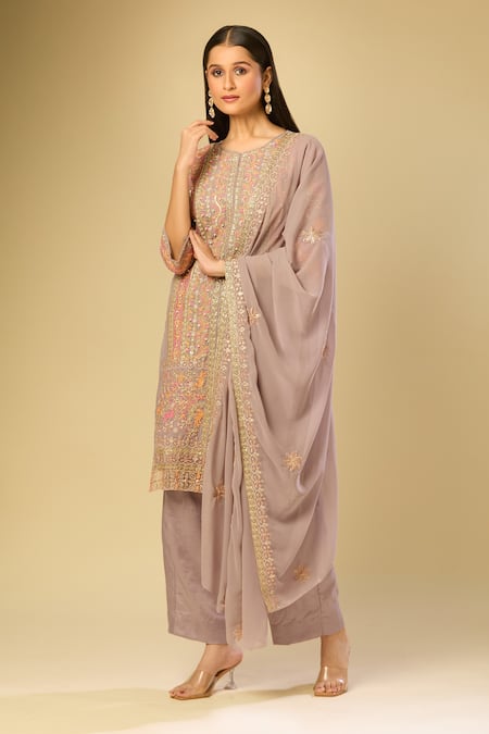 Shop_Samyukta Singhania_Gray Georgette Embroidery Round Neck Grey Kurta Set With Dupatta _Online_at_Aza_Fashions