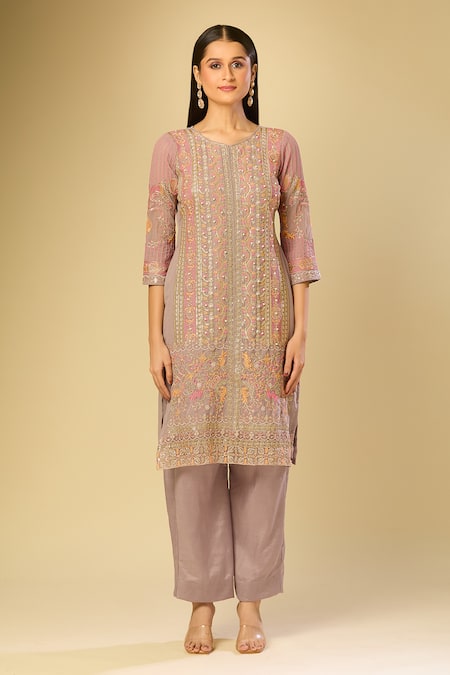 Samyukta Singhania_Gray Georgette Embroidery Round Neck Grey Kurta Set With Dupatta _at_Aza_Fashions