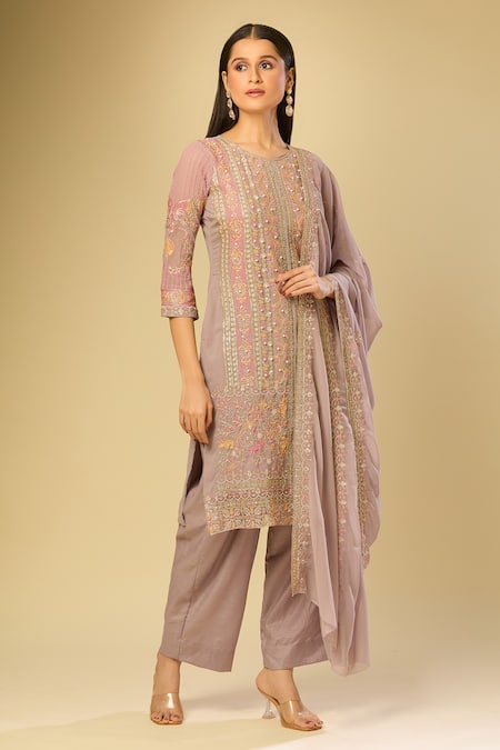 Buy_Samyukta Singhania_Gray Georgette Embroidery Round Neck Grey Kurta Set With Dupatta 