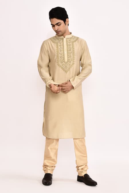 Buy_Arihant Rai Sinha_Beige Cotton Embroidery Classic Kurta _Online_at_Aza_Fashions