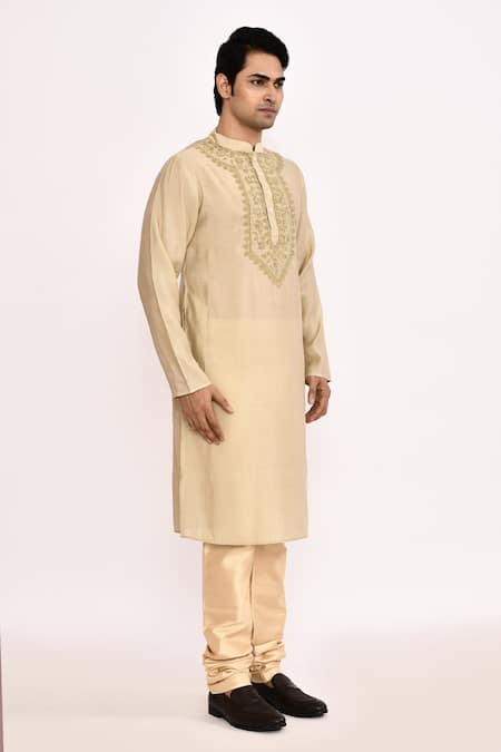 Shop_Arihant Rai Sinha_Beige Cotton Embroidery Classic Kurta _Online_at_Aza_Fashions