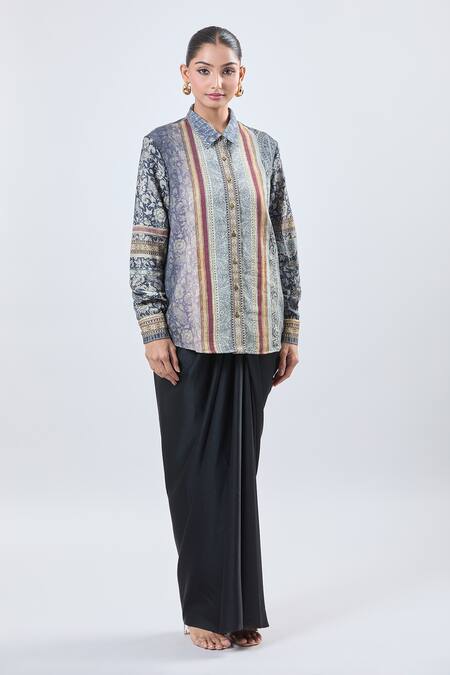 Ott_Multi Color Embroidery Collared Printed Shirt _Online_at_Aza_Fashions