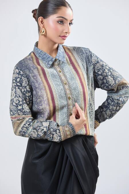 Buy_Ott_Multi Color Embroidery Collared Printed Shirt _Online_at_Aza_Fashions