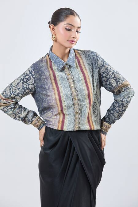 Shop_Ott_Multi Color Embroidery Collared Printed Shirt _Online_at_Aza_Fashions