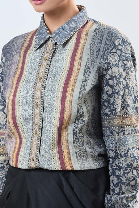 Ott_Multi Color Embroidery Collared Printed Shirt _at_Aza_Fashions