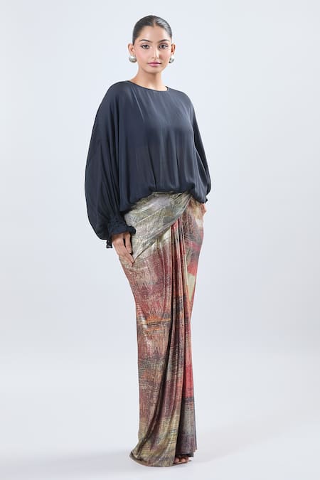 Buy Ott Black Round Neck Balloon Sleeve Blouse Online at Aza Fashions Buy_Ott_Black Round Neck Balloon Sleeve Blouse _Online_at_Aza_Fashions