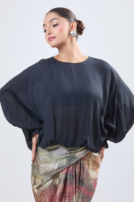 Shop Ott Black Round Neck Balloon Sleeve Blouse Online at Aza Fashions Shop_Ott_Black Round Neck Balloon Sleeve Blouse _Online_at_Aza_Fashions