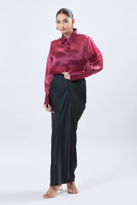 Shop Ott Burgundy Collared Satin Button-up Shirt Online at Aza Fashions Shop_Ott_Burgundy Collared Satin Button-up Shirt _Online_at_Aza_Fashions