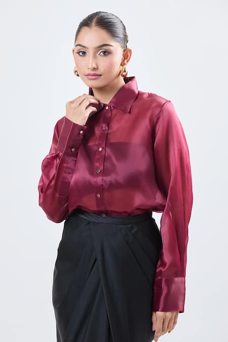 Ott Burgundy Collared Satin Button-up Shirt at Aza Fashions Ott_Burgundy Collared Satin Button-up Shirt _at_Aza_Fashions