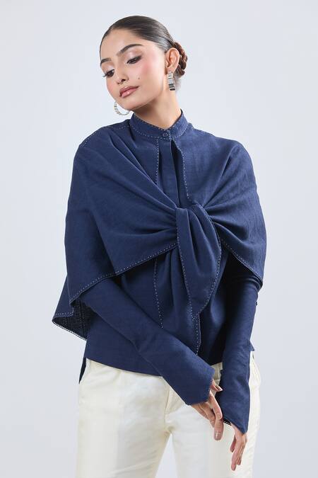 Ott Navy Collared Blue Cape Sleeve Shirt Online at Aza Fashions Ott_Navy Collared Blue Cape Sleeve Shirt_Online_at_Aza_Fashions