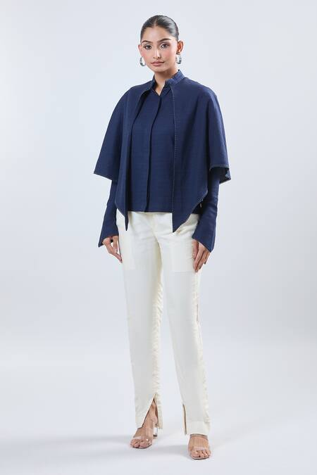 Buy Ott Navy Collared Blue Cape Sleeve Shirt Online at Aza Fashions Buy_Ott_Navy Collared Blue Cape Sleeve Shirt_Online_at_Aza_Fashions